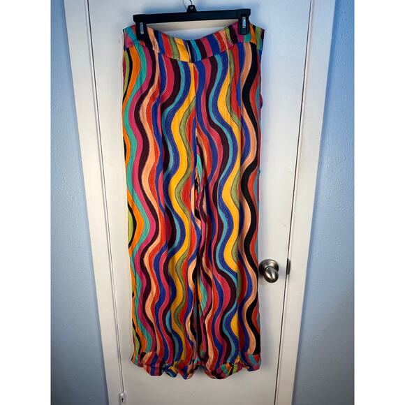 Farm Rio x Anthropologie Pants Large High Rise Striped Rainbow Wide Leg - Picture 7 of 10